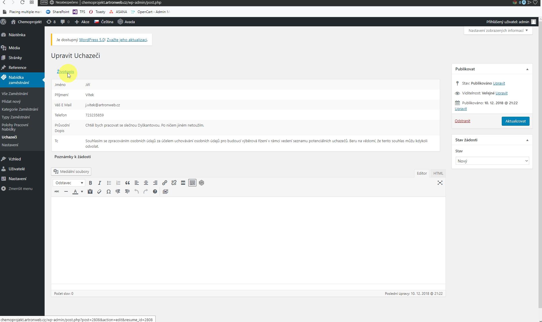 Detail poptávky Na detailu je možné vidět všechny informace, které uživatel vyplnil.
Rovněž je možné stáhnout soubour, který přiložil.